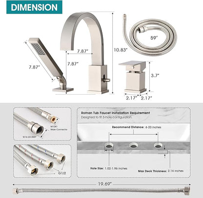 Brass Roman Tub Faucet with Sprayer, Deck Mount Bathtub Faucet with Hand Shower, 3 Hole Waterfall Faucet with 360 Spout, Single Handle Tub Filler with 8 GPM High Flow, Brushed Nickel