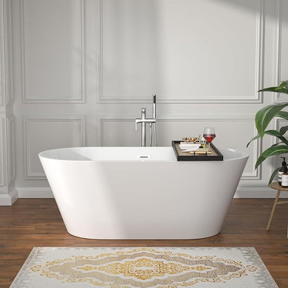 59 Inch Freestanding Acrylic Bathtub White Roll Top Soaking Tub with Chrome Drain Glossy Finish for Modern Bathrooms, YSB9218