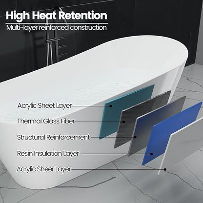 Freestanding Bathtub – 67 Inch Modern Acrylic Extra Large Soaking Bathtub, Free Standing Tub with Chrome Drain & Overflow, Black & White Freestanding Tub for Bathroom Remodel or Home Spa Use