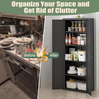71" Tall Kitchen Pantry Storage Cabinet,Black Metal Storage Cabinets with Doors and Adjustable Shelves,5 Tier Kitchen Cupboard for Dining Room Office Bathroom
