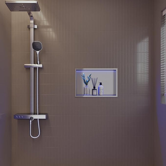 18X12 RGB Shower Niche, Brushed Nickel Stainless Steel LED Wall Niche, No Tile Needed Wall Cabinet for Bathroom Storage Built-in Installation