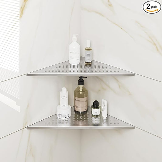 FerdY 2-Pack 10" Brushed Nickel Recessed Corner Shower Shelf, for Tiled Bathroom Walls, 304 Stainless Steel Floating Shower Shelf, Shower Caddy Storage Shelves, No Drilling Required, Point Triangle