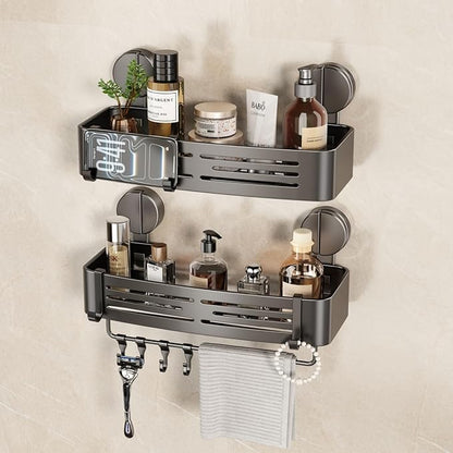 VOLPONE Shower Caddy Suction Cup No Drilling Suction Cup Shower Shelf Aluminum Bathroom Shower Organizer Storage Rack Adhesive with Towel Bar Hooks (2-Pack, Matte Gray)