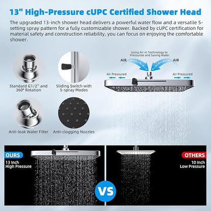Hibbent cUPC Certified High Pressure 13'' Dual Shower Head Combo with 10-mode Handheld Spray, Upgraded Rainfall 5-spray Shower Head, 12'' Adjustable Extension Arm, 71'' Hose, Showerhead Holder, Chrome