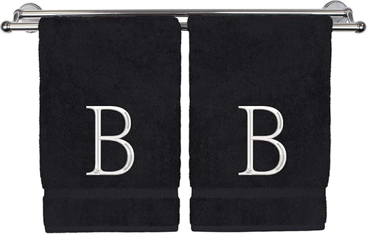 Monogrammed Hand Towel, Personalized Initial Gift, Extra Absorbent 100% Turkish Cotton - Soft Terry Finish - Set of 2 - White Block Initial B - Embroidered on Black Towels