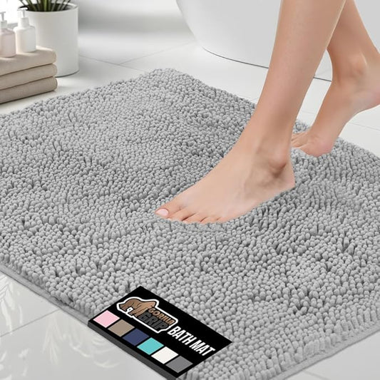 GORILLA GRIP Bath Rug Mat 48x17, Soft Absorbent Chenille, Quick Dry Microfiber Mats, Rubber Backing Washable Shower Floor Rugs, Bathmat Runner, US Designed Bathroom Home Decor Accessories Light Gray