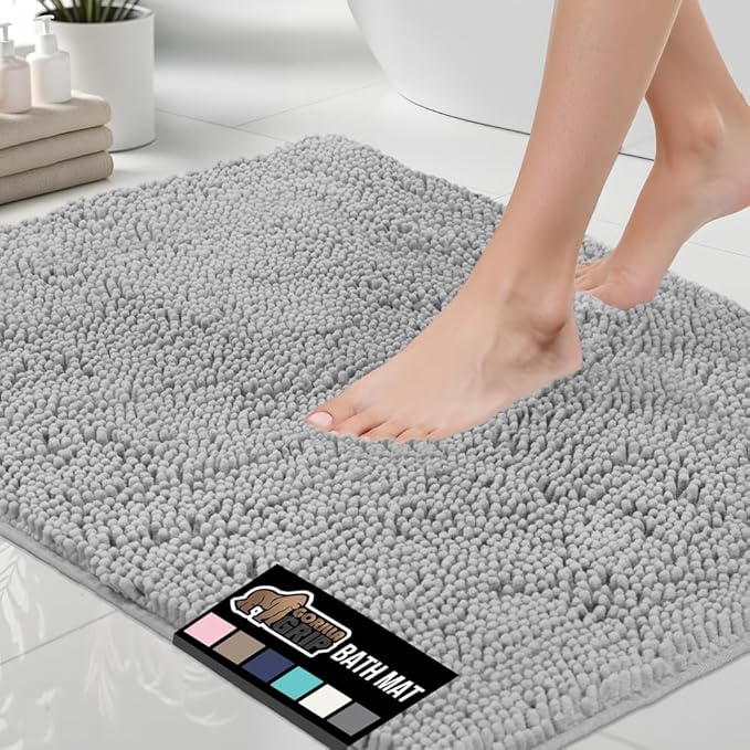 GORILLA GRIP Bath Rug Mat 30x20, Soft Absorbent Chenille, Quick Dry Microfiber Mats, Rubber Backing Washable Shower Floor Rugs, Bathmat Runner, US Designed Bathroom Home Decor Accessories Light Gray
