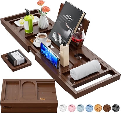 Yirilan Bathtub Trays for Tub,Bath Tray, Foldable Bathtub Caddy,Brown