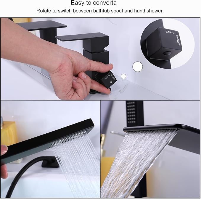 Roman Tub Faucet with Hand Shower, Matte Black Deck Mount Waterfall Tub Faucet High Flow 3 Hole Bathtub Faucets Sets