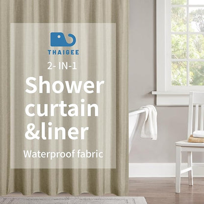 2-in-1 Waterproof Extra Long Fabric Shower Curtain or Liner,Linen Textured,84 Inch Breathable TPU & Washable Bathroom Shower Curtain Set with 12 Plastic Hooks,Modern,72"x84" Khaki