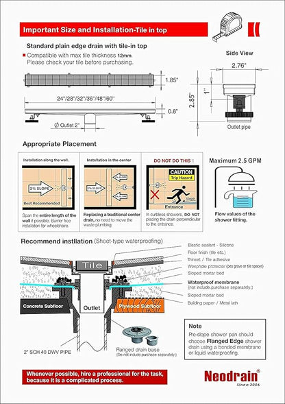 Neodrain 54-Inch Linear Shower Drain with Tile Insert Grate, Brushed 304 Stainless Steel Linear Drain, Rectangle Shower Floor Drain with Leveling Feet, Hair Strainer