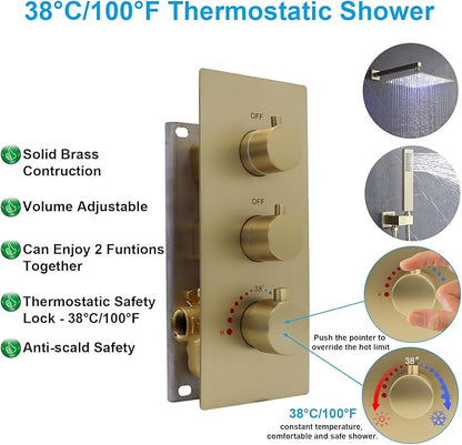 HOMEDEC 2 Way Shower Diverter Valve, Brass Dual Functions Thermostatic Shower Mixing Valve Kit 3 Handle Flow Control Valve, 3/4 Inch Inlet, Can Run Simultaneously(Brushed Gold)