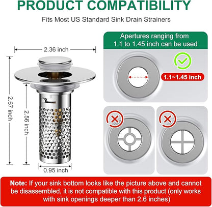 Bathroom Sink Drain Strainer,Pop-Up Sink Stopper Hair Catcher, Anti-Clog Stainless Steel Drain Filter Basket, Removable Sink Drain for Bathroom Sink Stopper Replacement (Silver-2)