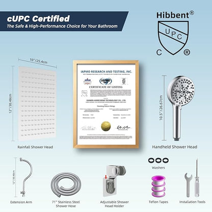 Hibbent 12'' All Metal CUPC Certified Shower Head, High Pressure Rainfall Shower Head, Handheld Showerhead Combo, 12'' Adjustable Shower Extension Arm, 10-Spray, 71'' Hose, Showerhead Holder, Chrome