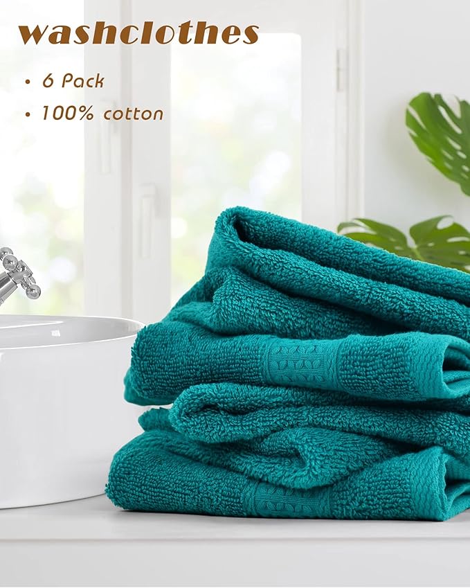 Cleanbear Wash Cloths Turquoise Washcloths for Face and Body Ultra Soft Washcloth for Sensitive Skins 6 Pack 13 by 13 Inches