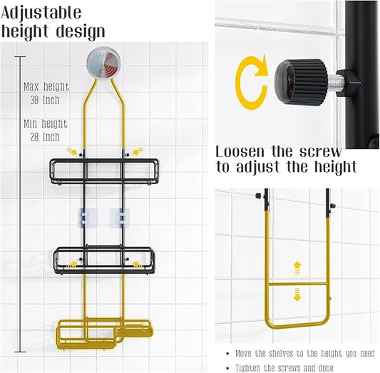 Shower Caddy Hanging Bathroom Organizer: Over Head Adjustable Rack for Tall Showerhead - Extra Large Storage Shelf for Big Shampoo Bottles with Soap Holder