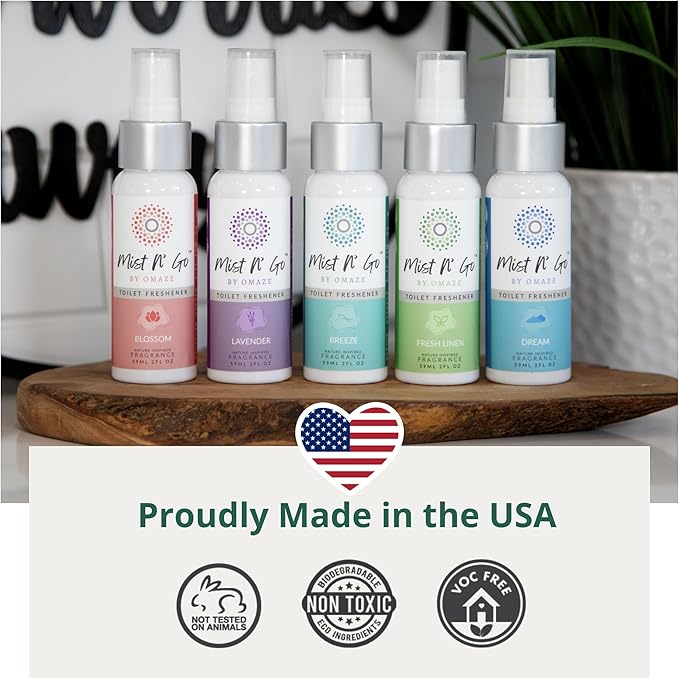 Mist N’ Go by Omaze Travel Bathroom Spray for Toilet Spray Odor Eliminator - Travel Toilet Spray for Bathroom Air Freshener Spray for Bathroom Deodorizer - Fresh Linen Regular Size (2oz x1)