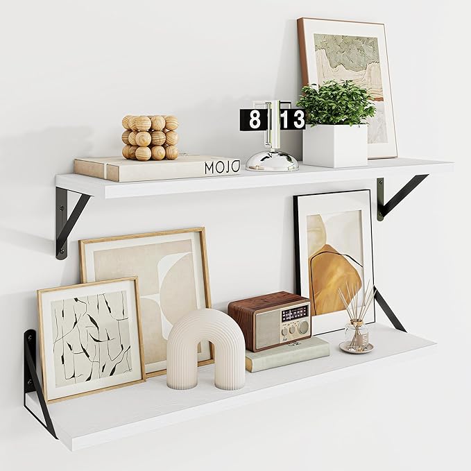 Dreamland Deep Floating Shelves for Wall, 30W x 8D Wall Shelves, Set of 2, 30 inch Floating Shelf with Sturdy Metal Brackets for Living Room, Bathroom, Bedroom and Kitchen, White