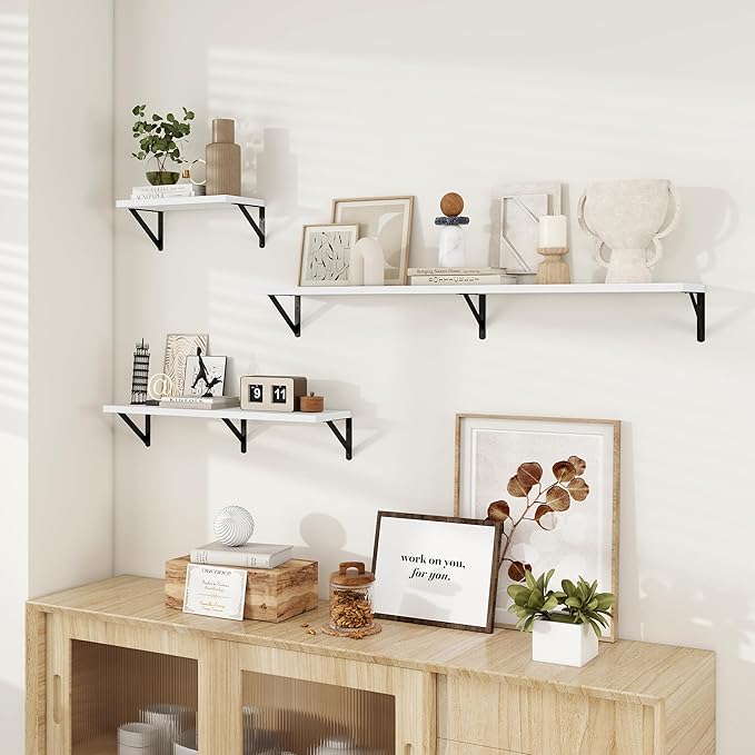 Dreamland Deep Floating Shelves for Wall, 48W x 8D Wall Mounted Shelves Set of 2, Wide Display Ledge Shelf with Sturdy Metal Brackets for Living Room, Bathroom, Bedroom and Kitchen, White