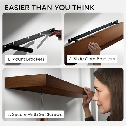 Homeforia 48 inch Walnut Floating Shelf, High End Solid Real Wood Large 48inch Floating Shelves for Wall, Dark Brown 48 inches Long Floating Shelves, Heavy Duty Bracket, 48 X 6.5 X 1.75 inch, Set of 3