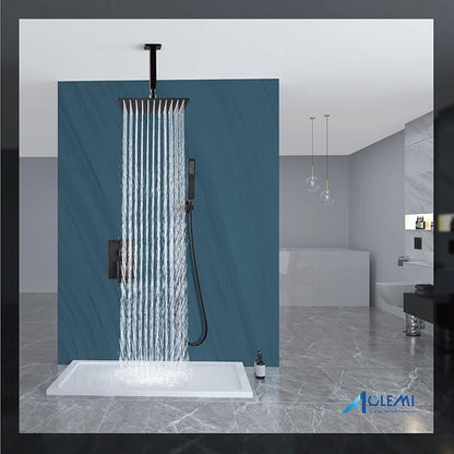 Aolemi Ceiling Mount Shower System Rain Shower Head with Handheld Spray High Pressure Shower Faucet Set Rough-in Valve Shower Trim Kit Included Bathroom Oil Rubbed Bronze 12 Inch Ceiling Shower Head