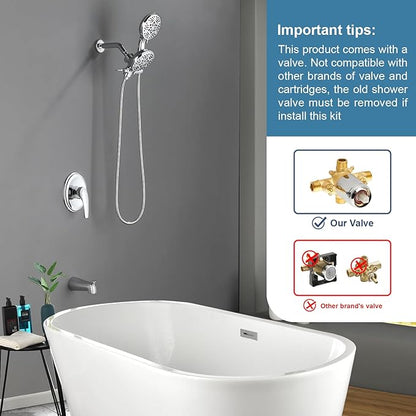 Dual Shower Faucet Set With Tub Spout - Complete Combo System With Handheld and Head - Trim Kit Chrome Polished Fixtures