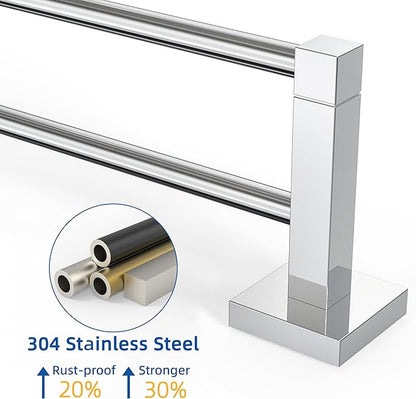 RUACQ Double Towel Bar, 24 Inch Bath Towel Rack for Bathroom, Square Base Hand Towel Holder, 304 Stainless Steel Towel Hanger Wall Mounted,Heavy Duty(Chrome)