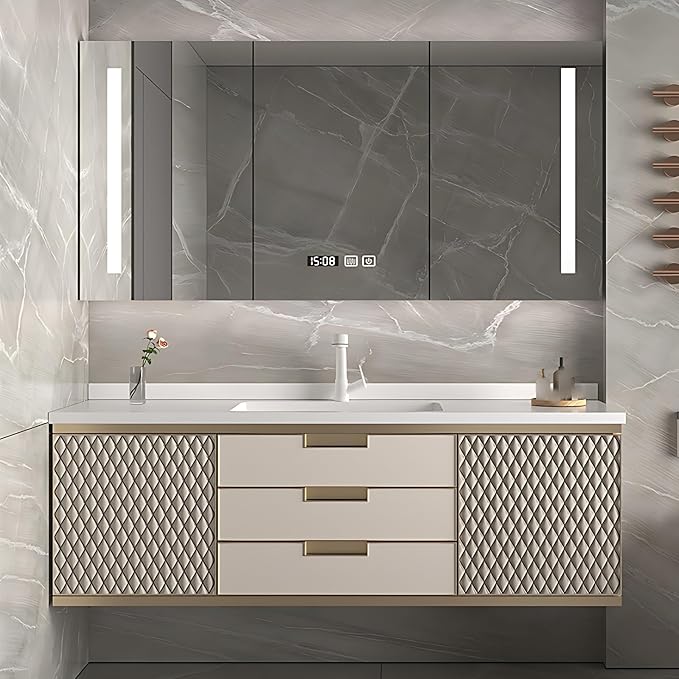 48IN Modern Bathroom Vanity - Wall-Mounted Bathroom Cabinet with LED Light | Intelligent Defogging Mirror Cabinet Includes Time Display Function, 2 Drawers & 2 Storage Cabinets (Style A)