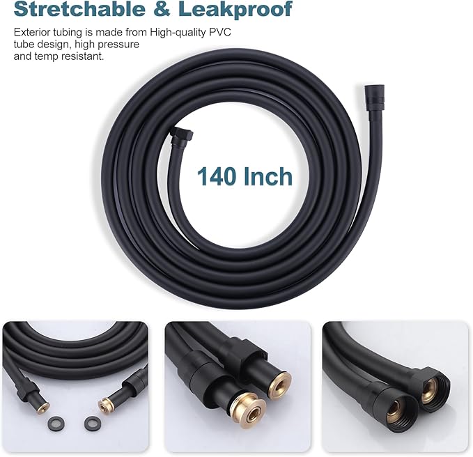 Aleasha Extra Long PVC Shower Hose Replacement for Bathing, Toilet Cleaning, Dogs - Matte Black 140 Inch Long Hose