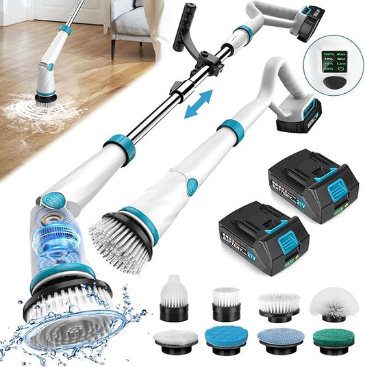1500RPM Electric Spin Scrubber, 8 Brush Heads Electric Scrubber for Cleaning, Shower Scrubber with Long Handle and Two Battery, High Power Scrubber with Display for Bathroom/Tub/Floor