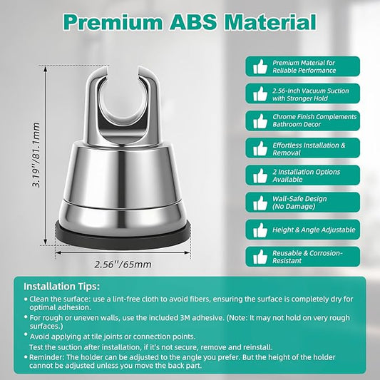 Hibbent Vacuum Suction Cup Shower Head Holder, Removable Shower Wand Bracket, Adjustable Height & Wall Mount ABS Plastic Suction Holder for Handheld Shower Head, Chrome Finish
