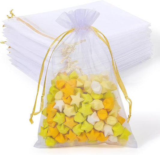 100PCS Premium White Organza Bags with Gold Drawstring, 4x4.72inch Wedding Favor Gift Bags, Mesh Pouch for Jewelry, Party, Christmas, Festival, Bathroom Soaps, Makeup Organza, Wrapping Supplie
