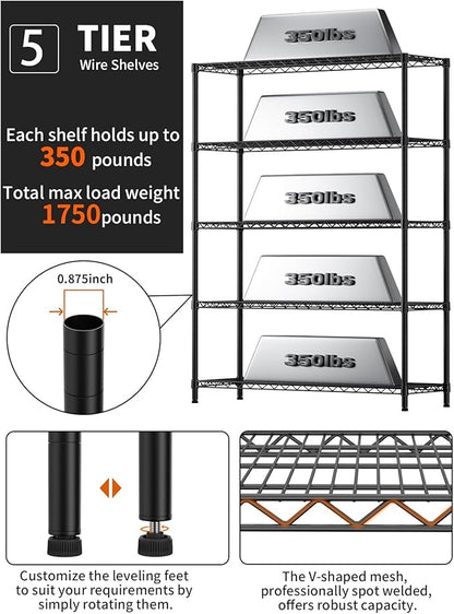 5 Tier Adjustable Storage Shelves Heavy Duty Metal Utility Shelf 1750LBS Capacity Wire Shelving Unit Organizer Rack for Home Kitchen Garage Pantry Room 18" D x 46" W x 77" H Black