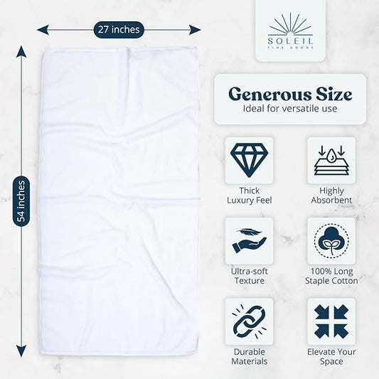 Soleil Fine Goods Luxurious 800 GSM 100% Cotton Bath Towel Set (4-Pack, 27x54) - Heavyweight & Ultra Absorbent, Plush Softness for Bathroom | Hotel & Spa Quality Luxury Towels- White