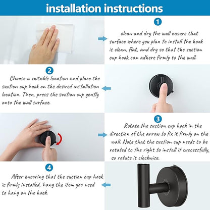 DGYB Large Suction Cup Hooks for Shower Set of 4 - Black Towel Hooks for Bathrooms - Stainless Steel Removable Wall Hooks - 15 Lb Heavy Duty Hanging