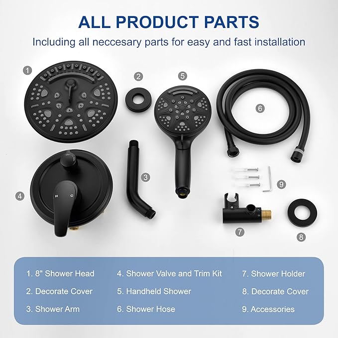 SHAMANDA 15-Function Shower System with Valve and Trim, Bathroom Luxury Shower Faucets Sets Complete with 9 Setting Handheld showerhead & 6 Setting Rain Shower, Wall mounted, Matte Black, L8082-7