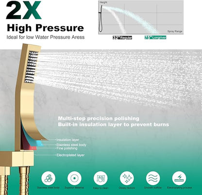 Shower Faucet Set with Hydro Power Temperature Display, Shower System Bathroom 12 Inches Shower Head with Handheld Spray, Wall Mounted Shower Fixtures with Shower Valve and Trim Kit, Brushed Gold