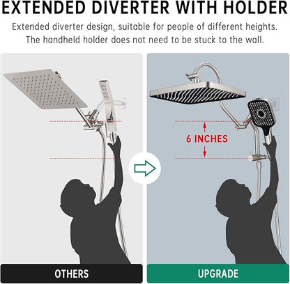 13 Inch Rainfall Shower Head with Multi-Function Handheld Sprayer Combo, 3-Way Metal Extended Diverter with Holder and Metal Adjustable Curved Shower Extension Arm, Extra Long Hose Brushed Nicke