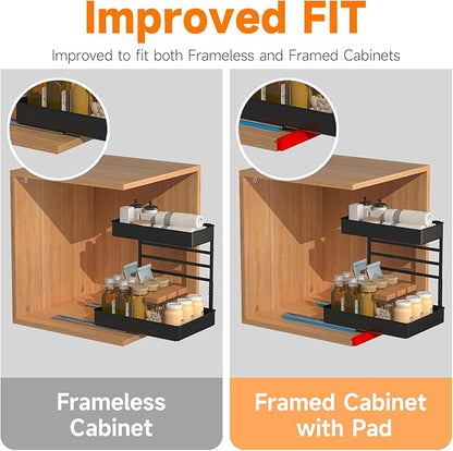 EVERIE Height Adjustable 2 Tier Metal Pull Out Slide Shelf Organizer for Under Sink Cabinets in Kitchen, Bathroom, with Snap-on Top Tray, 16" Deep (Black, 2 Sets)