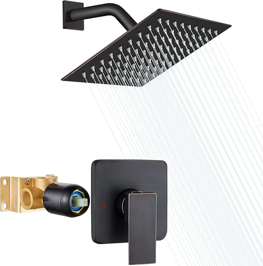 Heyalan 8 Inch Shower Head and Handle Set Square Shower Faucet Set Bathroom Rainfall Shower System Stainless Steel Showerhead Single Function Shower Trim Kit,Female Thread Valve,Oil Rubbed Bronze