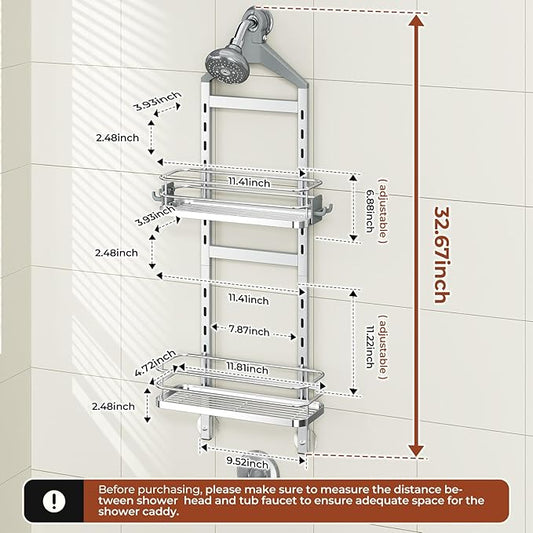 Orimade Aluminum Hanging Shower Caddy Over Head, Adjustable Bathroom Shelf with Hooks, Anti-Slip Rustproof Organizer Storage Rack Basket, Silver, 2 Tier