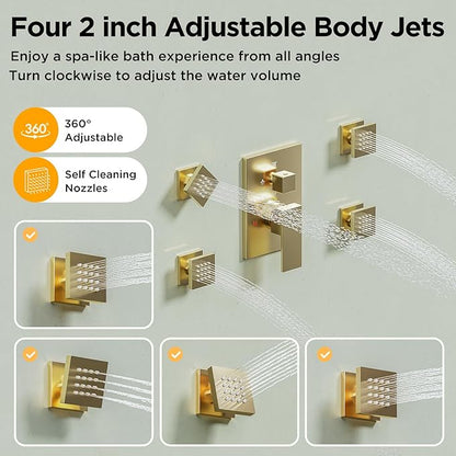 Shower Systems with 4 Body Spray Jets, STARBATH 4 Way 12+6" Rainfall Shower Head with Handheld Combo, Wall Mounted Shower Jets System in Wall Shower Faucet Sets Complete,Brushed Gold