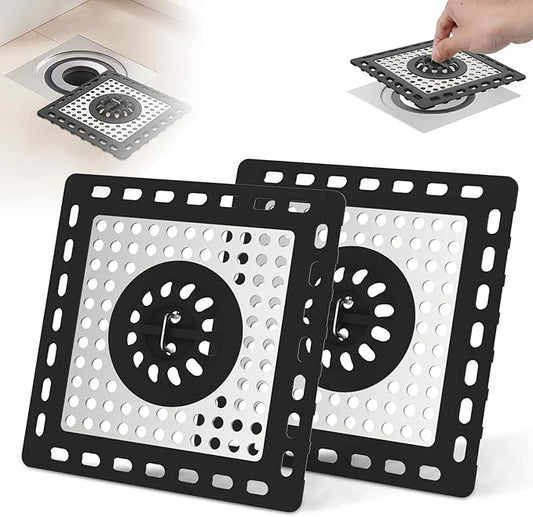 Hibbent 2 Pack Upgraded Shower Drain Hair Catcher, Shower Drain Cover for Bathroom Floor 4" Drain, Anti-Clogging Bathtub Drain Strainer, Stainless Steel Kitchen Sink Drain Strainer with Handle, Black