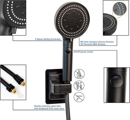 High Pressure Handheld Shower 5-Settings、Leakproof Extra Long 78 Inch Stainless Steel Hose、Adhesive Shower Head Holder（Height/Angle Adjustable）、Matte black(Classic)、ON/OFF Pause Switch