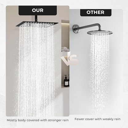 Rain Shower Head, High Flow Stainless Steel Square Rainfall Shower, Waterfall Bath Shower Body Covering, Ceiling or Wall Mount, Ultra Thin (12 Inch, Matte Black)