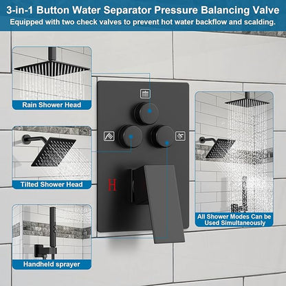 Shower Faucet Set Black Shower System, Ceiling Mount 12 Inch Shower Head With Wall Mount 6 Inch Shower Head and 2 in 1 Handheld Spray, Push Button Diverter Shower Valve Trim Kit Complete