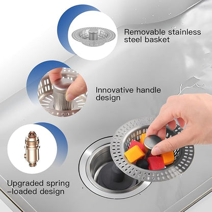3 in 1 Kitchen Sink Drain Strainer Stopper, Stainless Steel Pop Up Sink Stopper with Anti-Clogging Basket Strainer Width 3.07" Height 1.77 for Deep Sink (Silver)