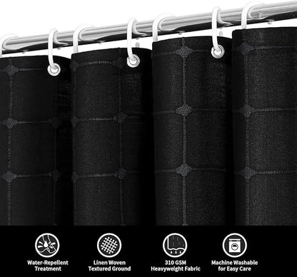 MitoVilla 72 x 84 Black Boho Extra Long Shower Curtain, Modern Farmhouse 84 inch XL Polyester Linen Texture Tassel Fabric Shower Curtain for Cottagecore Country Bathroom Decor