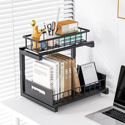 2 Pack Under Sink Organizer, Heavy Duty Metal Slide Out Sink Shelf Organizer Height Adjustable, Multi-Purpose Storage Shelf for Kitchen Bathroom (Black,2Pack)