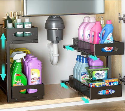 Under Sink Organizer, 2-Pack of 2-Tier Metal Slide Out Pull Out Cabinet Organizer Shelf, Height Adjustable Organization and Storage Series, Bathroom/Desktop/Cabinet/Kitchen Organization, Black